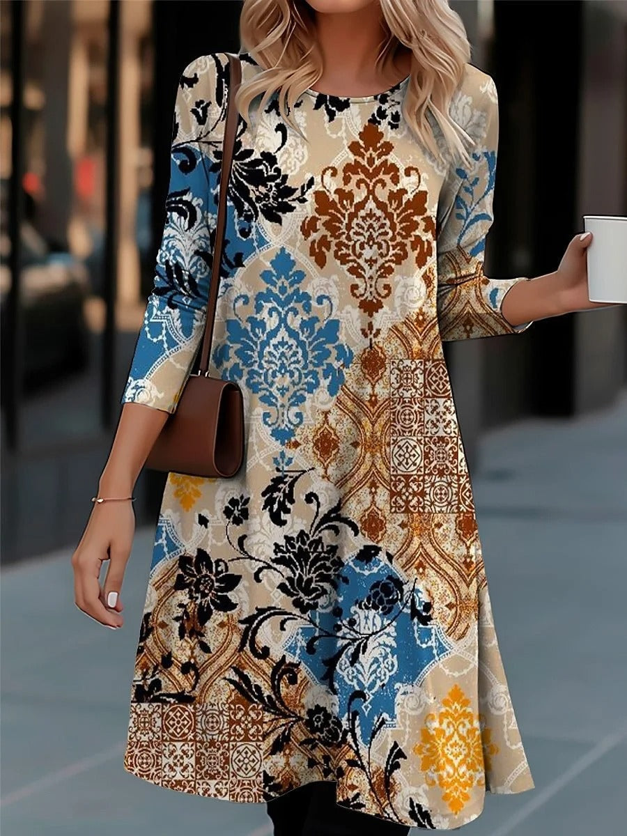Ethnic Crew Neck Long Sleeve Comfy Mini Dress