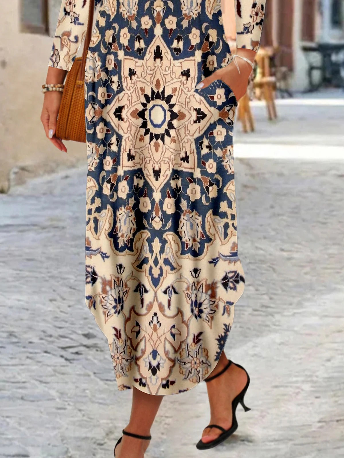 Vintage Ethnic Crew Neck Long Sleeve Lightweight Autumn Loose Maxi Dress