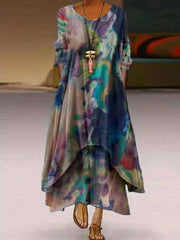 Boho Crew Neck Long Sleeve Layered Hem Casual Cotton-blend Lightweight Loose Maxi Dress