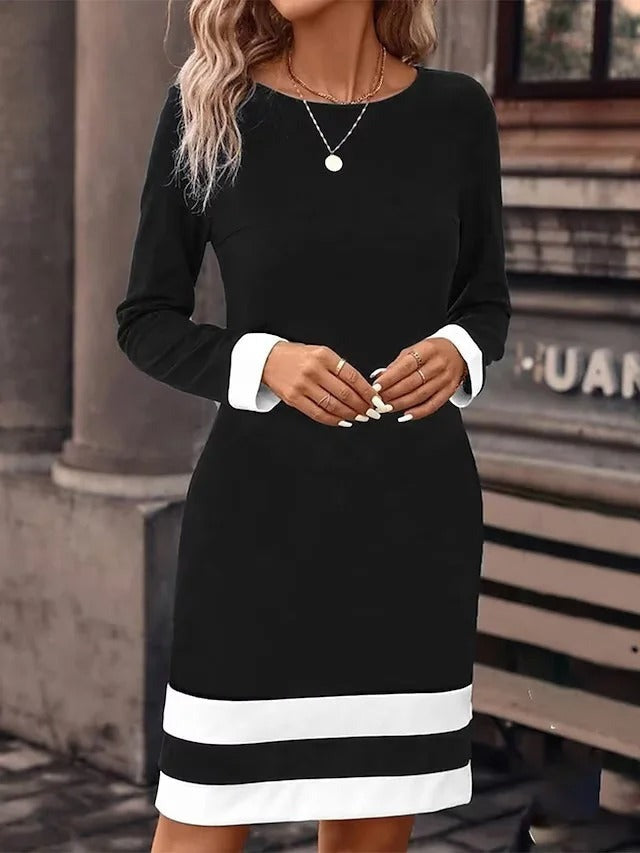 Long Sleeve Spring Fall Contrast Stitching Knitted Crew Neck Midi H-Line T-Shirt Dress