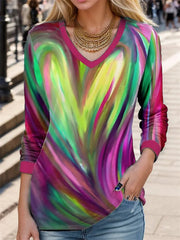 Ombre V-neck Long Sleeve Casual T-shirt