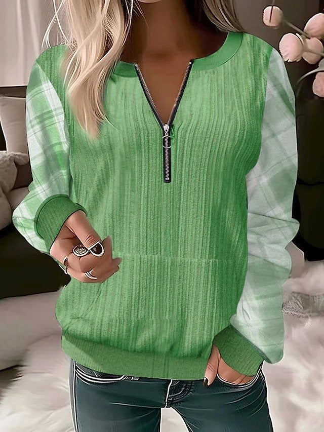 Loose Plaid Crew Neck Zipper Micro-elasticity Casual Sweatshirt