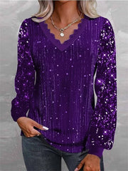 Casual Vintage Sequins V Neck Long Sleeve Loose Blouse