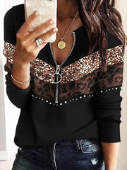 Leopard Print Color Block V Neck Zipper Casual Sweatshirt
