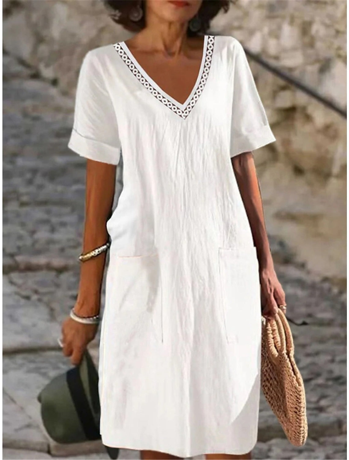 V-neck Short Sleeve Cotton White Shift Short Dress