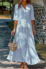 Half Sleeve Cotton Button-Down Loose Maxi Dress