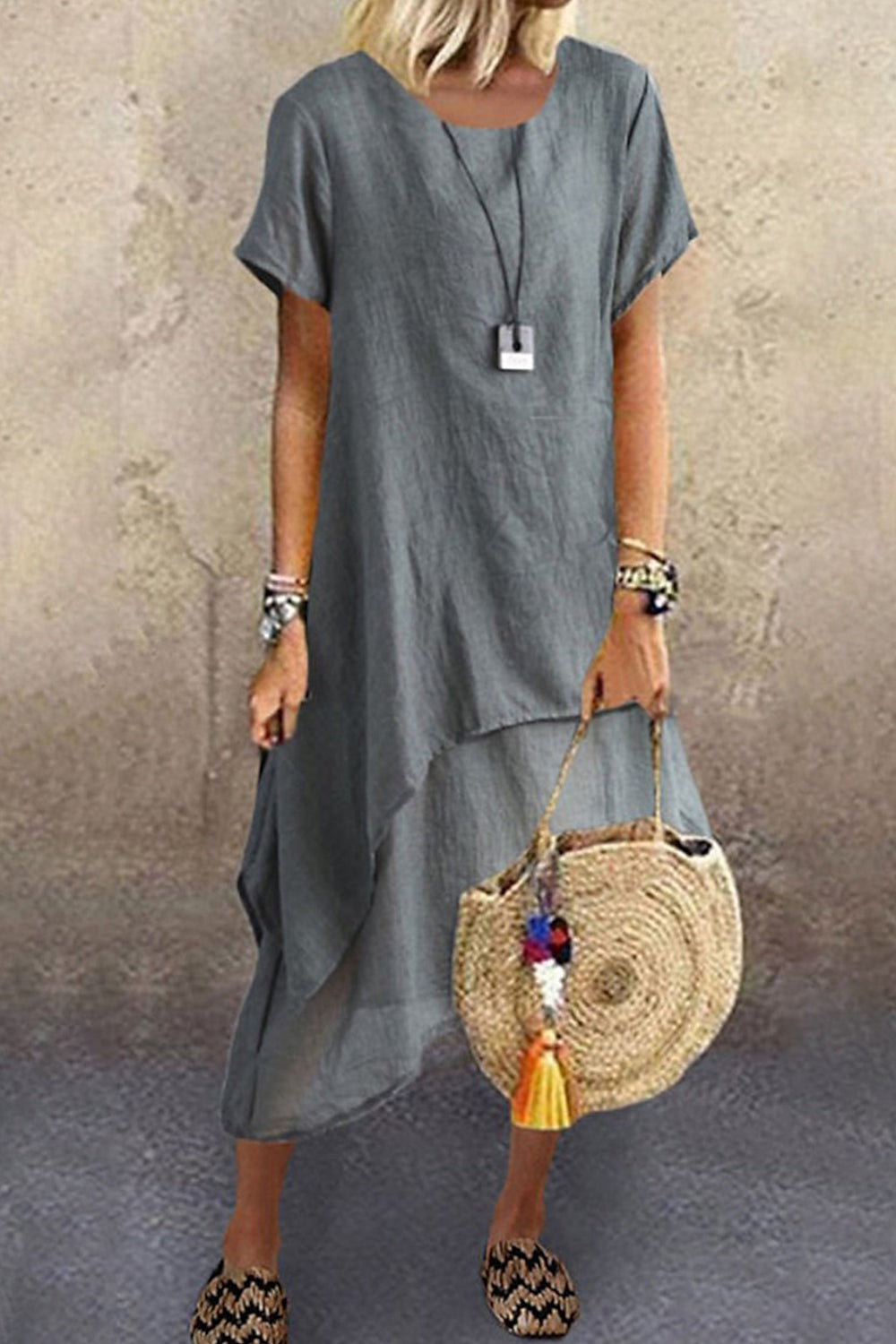 Plain Ruffle Layered Crew Neck Short Sleeve Cotton Linen Dress