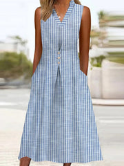 Casual Striped V Neck Sleeveless Button-Embellished Comfy Midi Dress