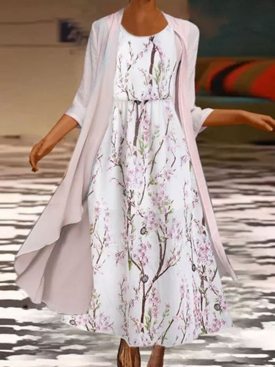Floral Casual Short Sleeve Woven Two-Piece Maxi Dress