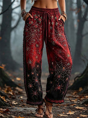 Women's Halloween Red Black Spider Web Rose Print Drawstring Elastic Waist Long Pants