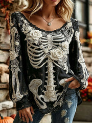 Women's Halloween Black Skeleton Rose Floral Lace Print Scoop Neck Long Sleeve Blouse