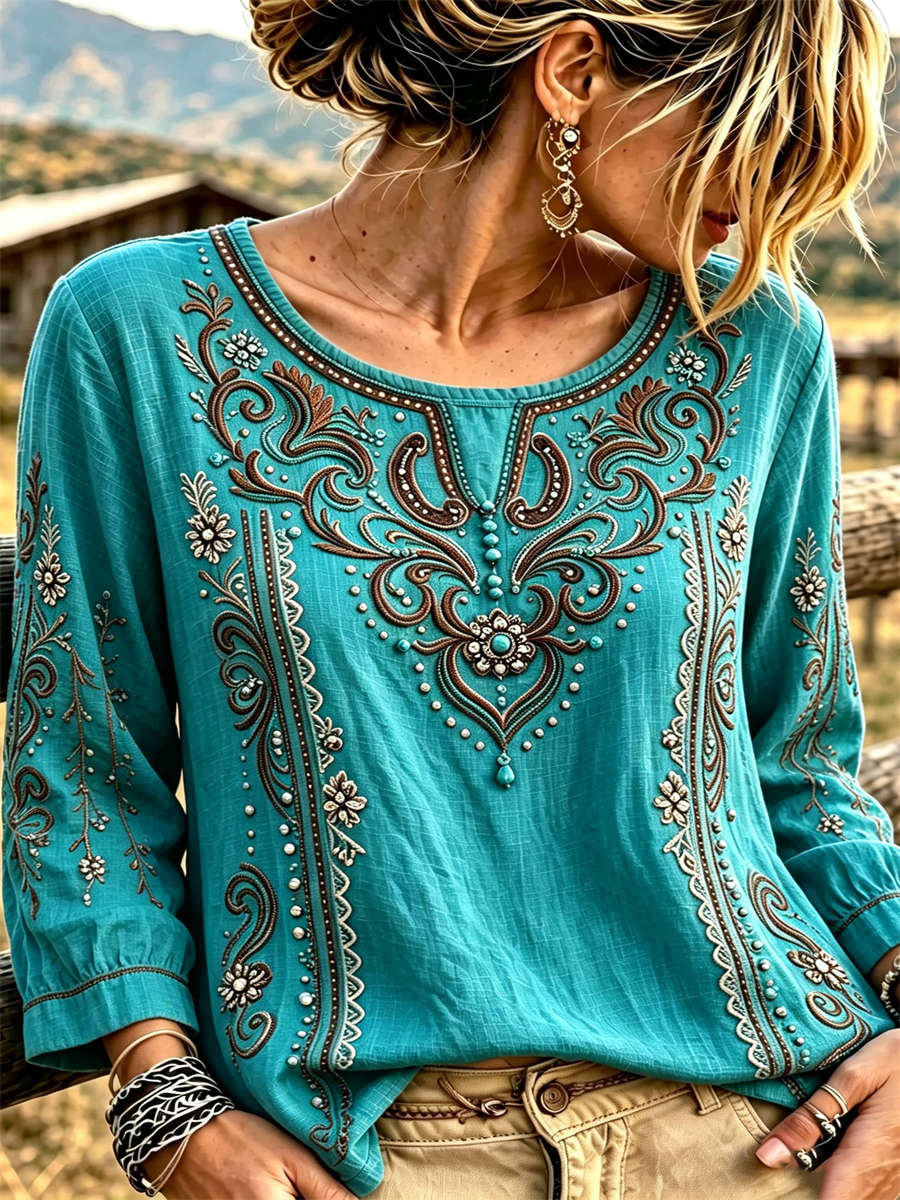 Women's Turquoise Ethnic Floral Print Round Neck Long Sleeve Blouse