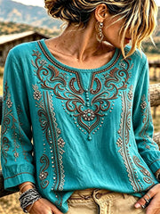 Women's Turquoise Ethnic Floral Print Round Neck Long Sleeve Blouse
