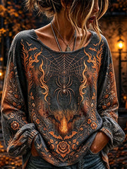 Women's Halloween Dark Grey Spider Web Floral Print Round Neck Long Sleeve Blouse