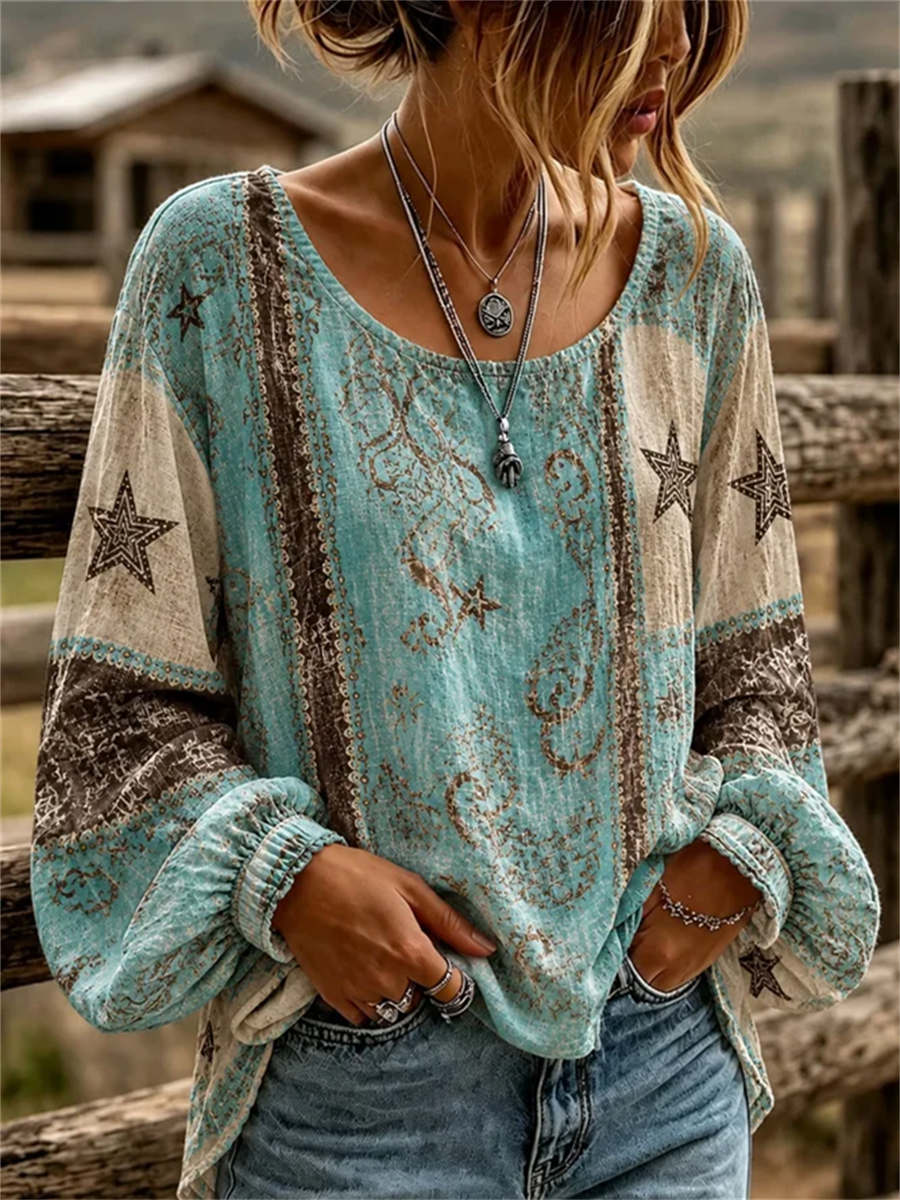 Women's Turquoise Vintage Star Paisley Print Scoop Neck Long Sleeve Blouse