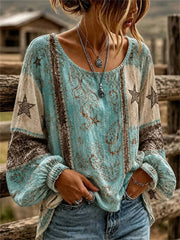 Women's Turquoise Vintage Star Paisley Print Scoop Neck Long Sleeve Blouse