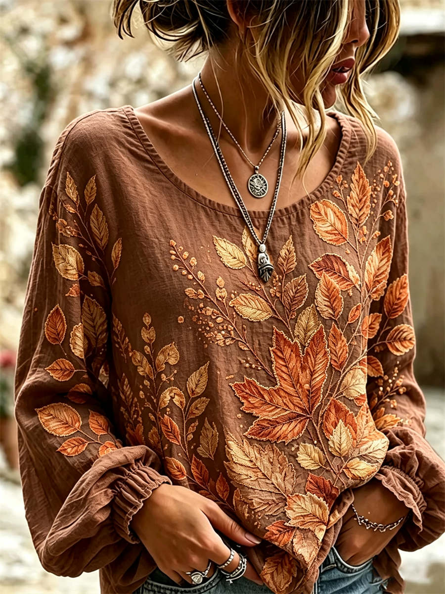 Women's Brown Autumn Leaf Print Scoop Neck Long Sleeve Blouse