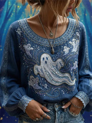 Women's Halloween Blue Ghost Print Round Neck Long Sleeve Blouse