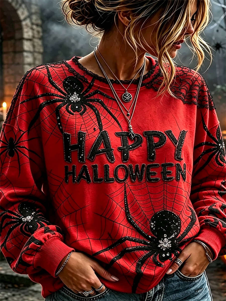 Women's Halloween Red Spider Web Letter Lace Print Round Neck Long Sleeve Sweatshirt