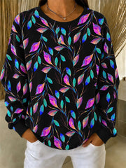 Women's Black Colorful Leaf Print Round Neck Long Sleeve Sweatshirt
