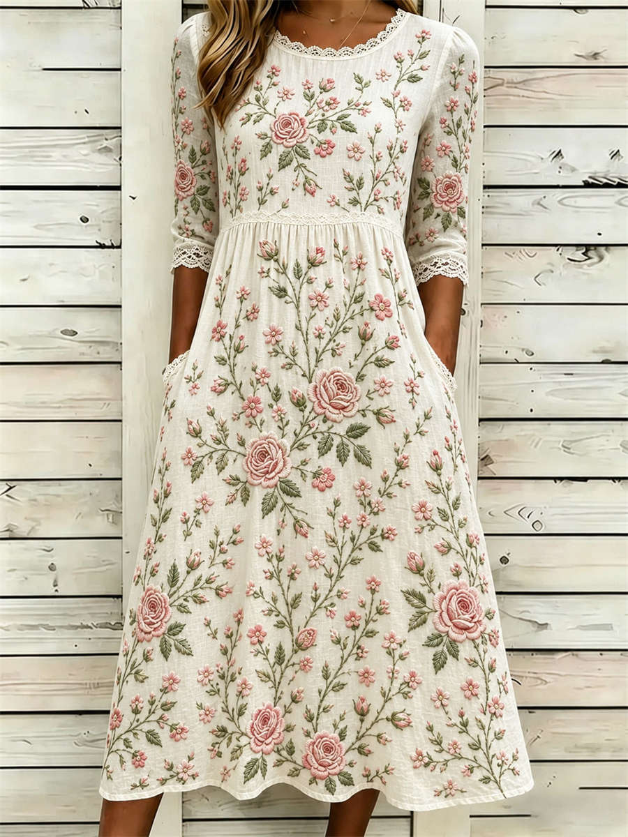 Women's Beige Rose Floral Print Lace Trim Round Neck 3/4 Sleeve Midi Dress