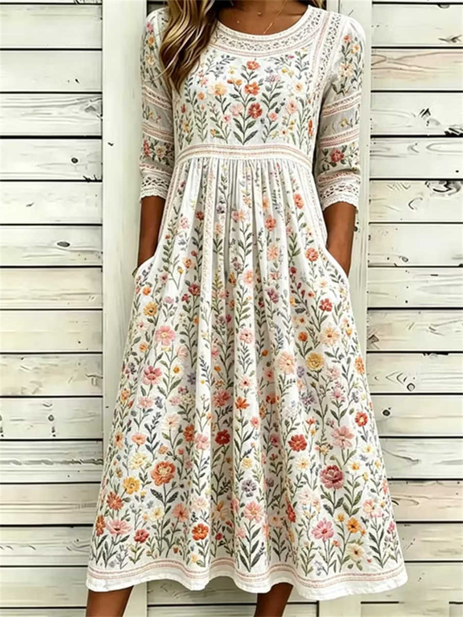 Women's Beige Floral Embroidered Lace Trim Round Neck 3/4 Sleeve Midi Dress