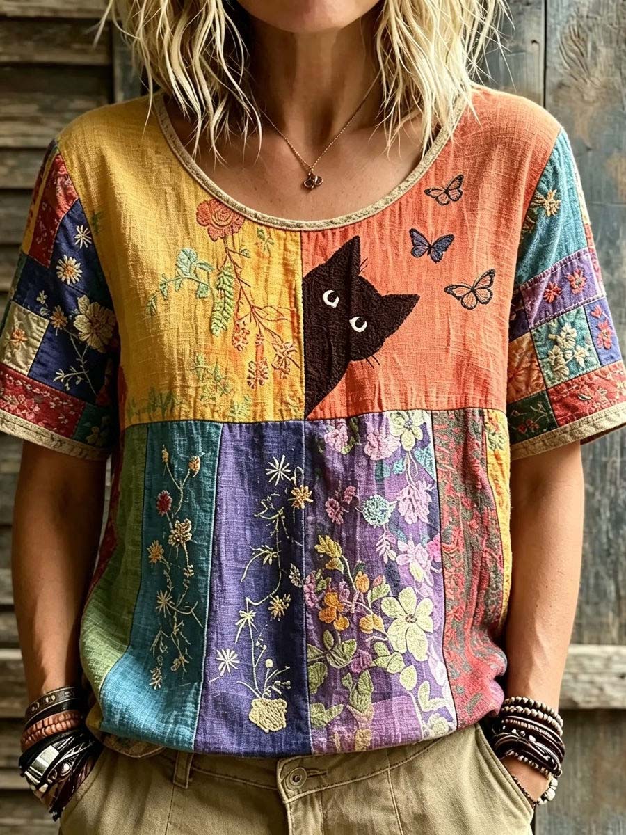 Women's Multi Patchwork Floral Cat Embroidery U Neck Short Sleeve Blouse
