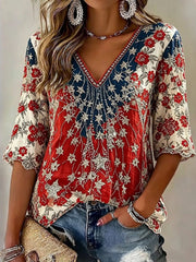 Women's Festive Red Blue Floral Star Rhinestone V Neck 3/4 Sleeve Blouse