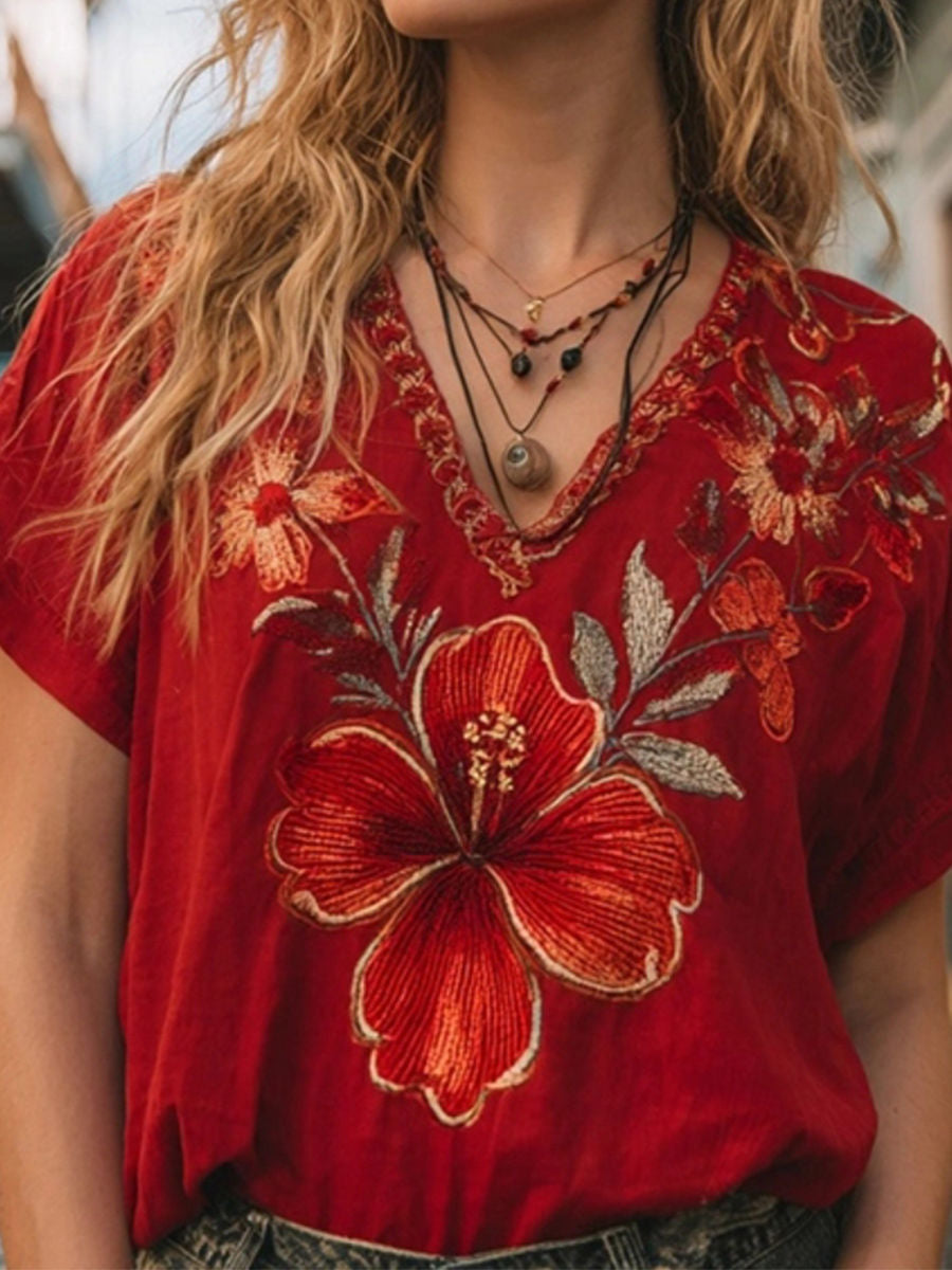 Women's Red Hibiscus Floral Embroidery V Neck Short Sleeve Blouse