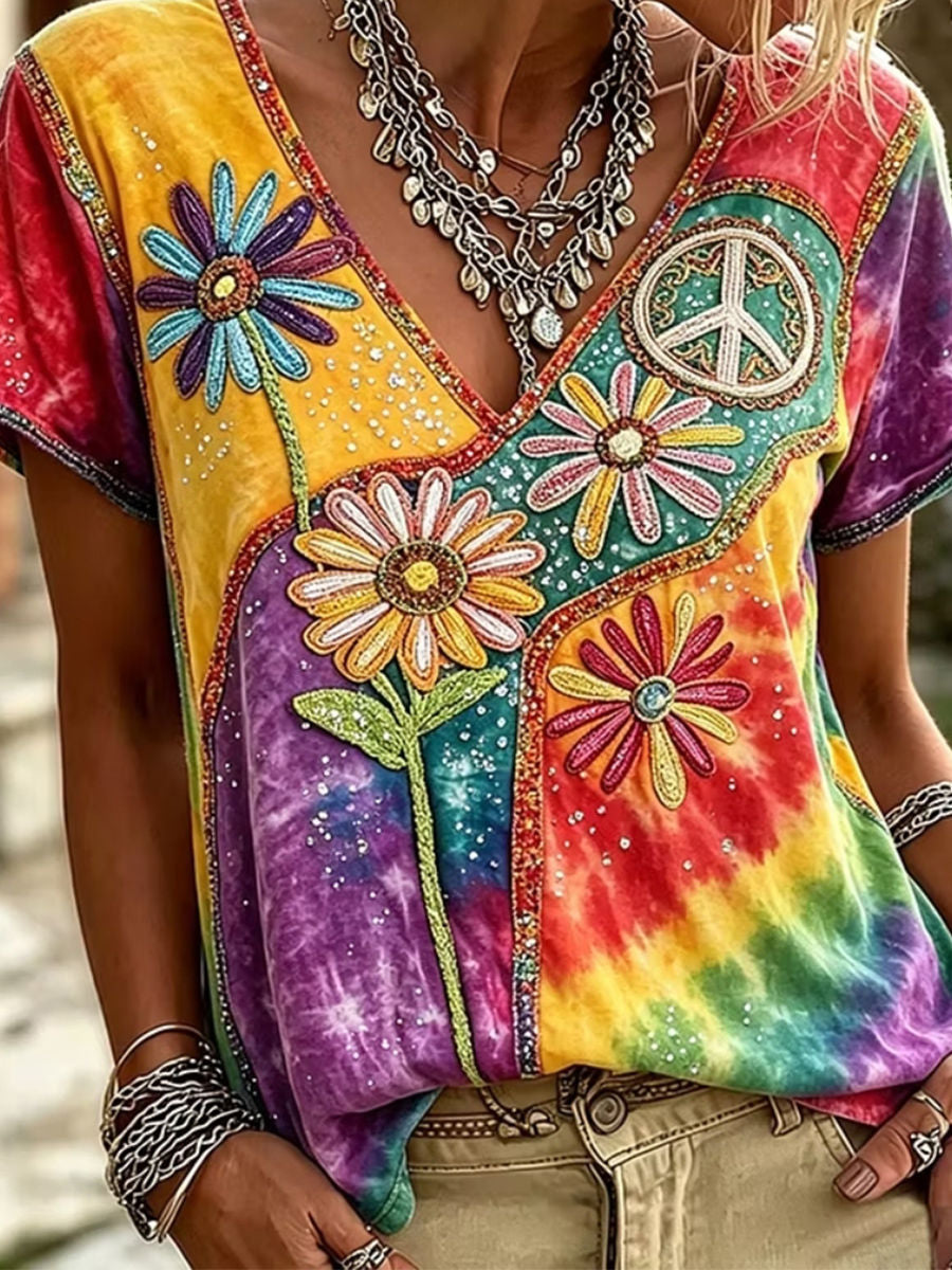 Women's Rainbow Tie Dye Floral V Neck Short Sleeve Blouse