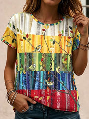 Women's Multi Patchwork Bird Tree Leaf Round Neck Short Sleeve Blouse