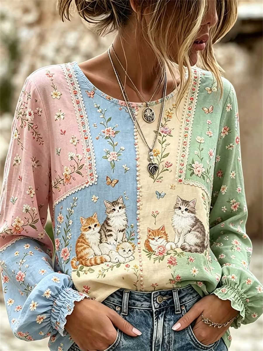 Women's Multi Embroidered Cats Floral Lace Trim Round Neck Long Sleeve Blouse