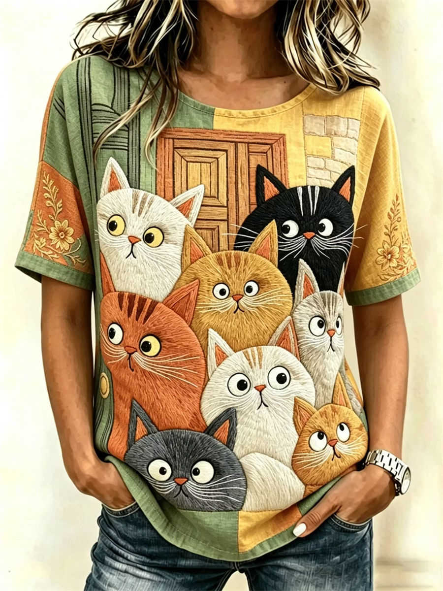 Women's Multi Block Print Cute Group Cats Round Neck Short Sleeve Blouse