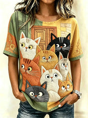 Women's Multi Block Print Cute Group Cats Round Neck Short Sleeve Blouse