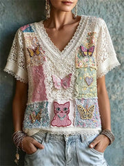 Women's Ivory Hollow Lace Color Block Embroidered Butterfly Cat Patch V Neck Short Sleeve Blouse