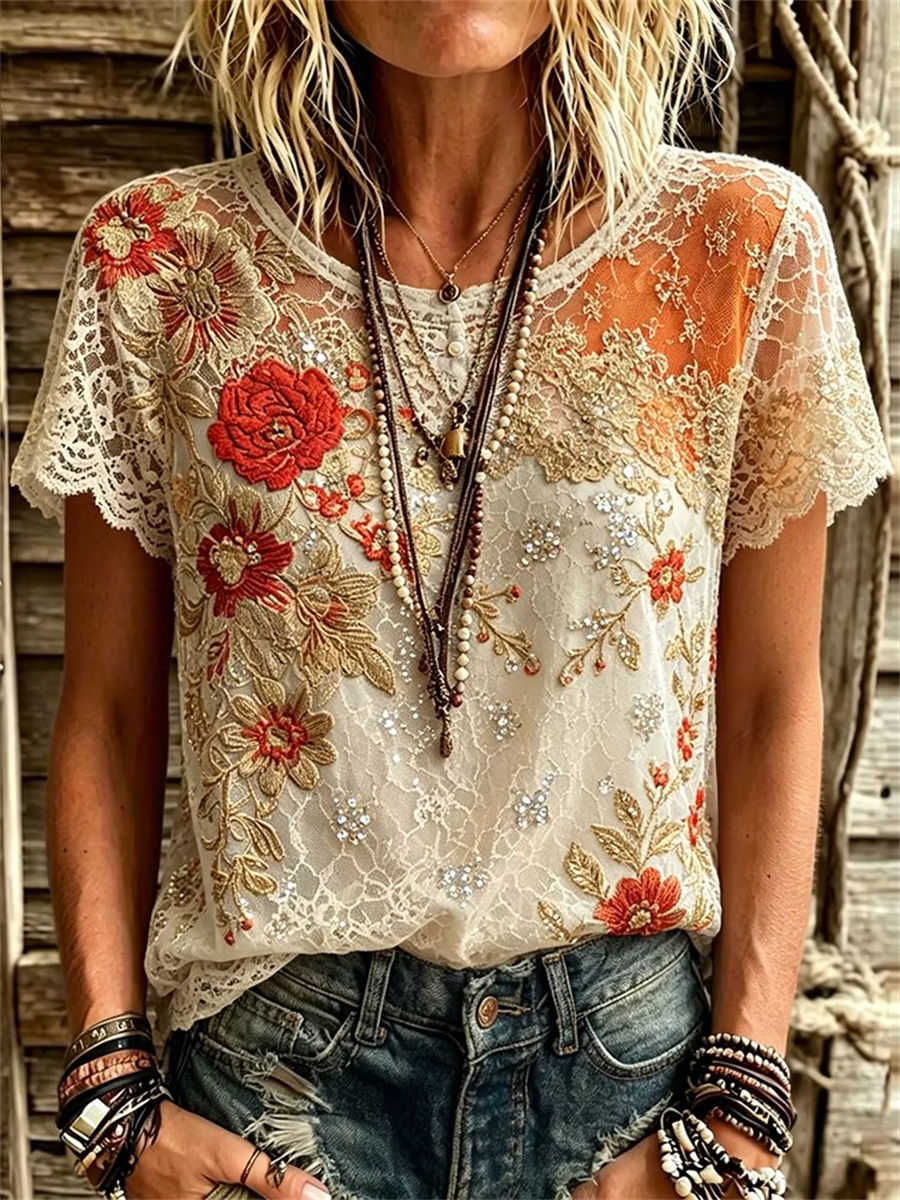 Women's Beige Floral Embroidered Lace Trim Round Neck Short Sleeve Blouse