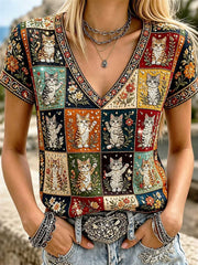 Women's Multi Patchwork Grid Cat Floral Rhinestone V Neck Short Sleeve Tee