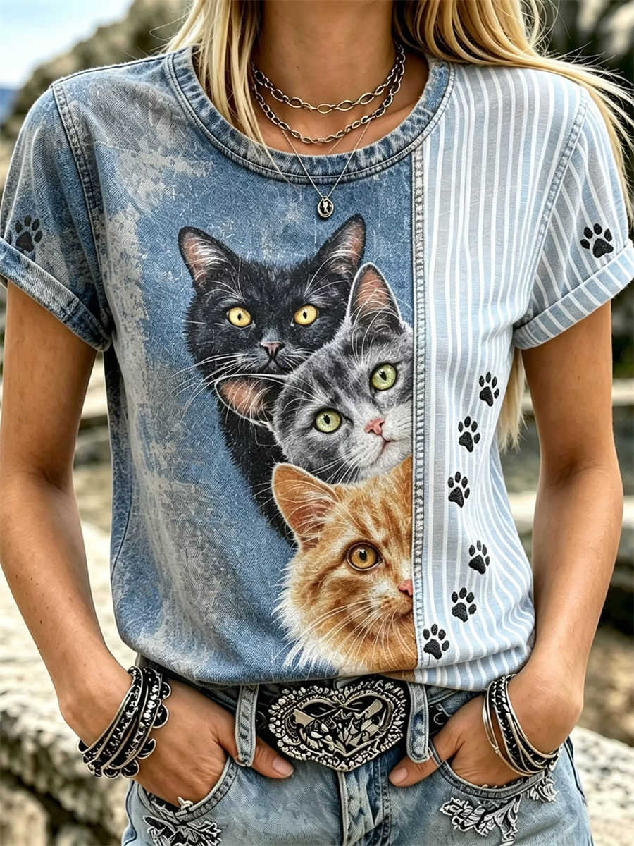 Women's Denim Blue Stripe Splicing Three Cats Print Round Neck Short Sleeve Tee