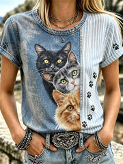 Women's Denim Blue Stripe Splicing Three Cats Print Round Neck Short Sleeve Tee