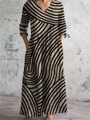 Beige Irregular Curve Stripe Print V Neck 3/4 Sleeve Linen Maxi Dress
