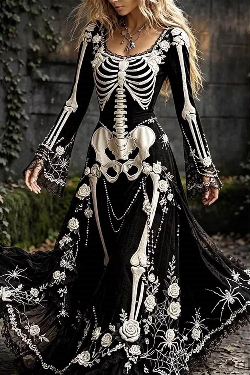 Women's Halloween Black Skeleton Floral Square Neck Long Sleeves Maxi Dress