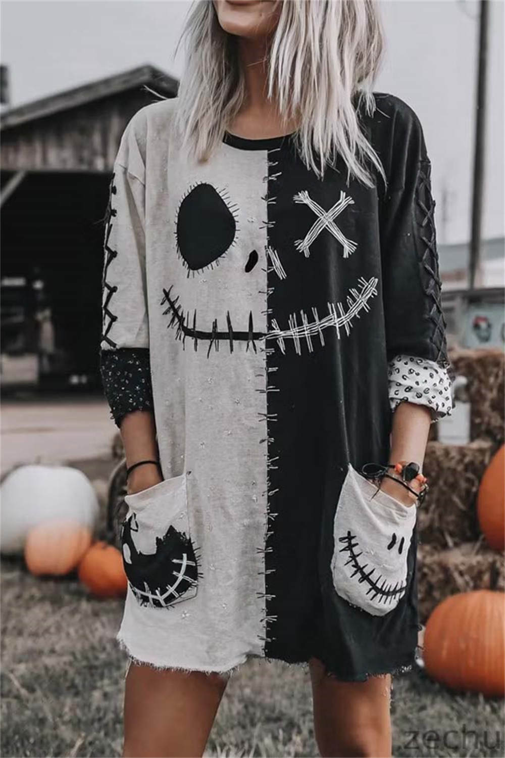 Women's Halloween Multi Spooky Face Round Neck Long Sleeves Mini dress