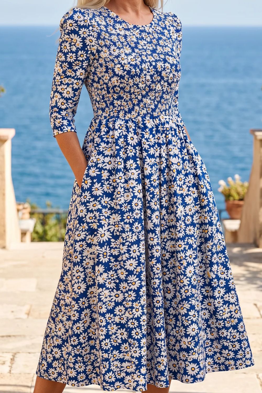 Women's Blue Floral Round Neck 3/4 Sleeves Maxi Dress