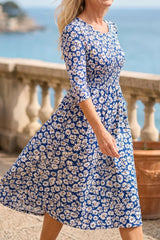 Women's Blue Floral Round Neck 3/4 Sleeves Maxi Dress