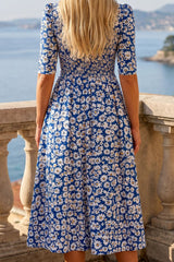 Women's Blue Floral Round Neck 3/4 Sleeves Maxi Dress