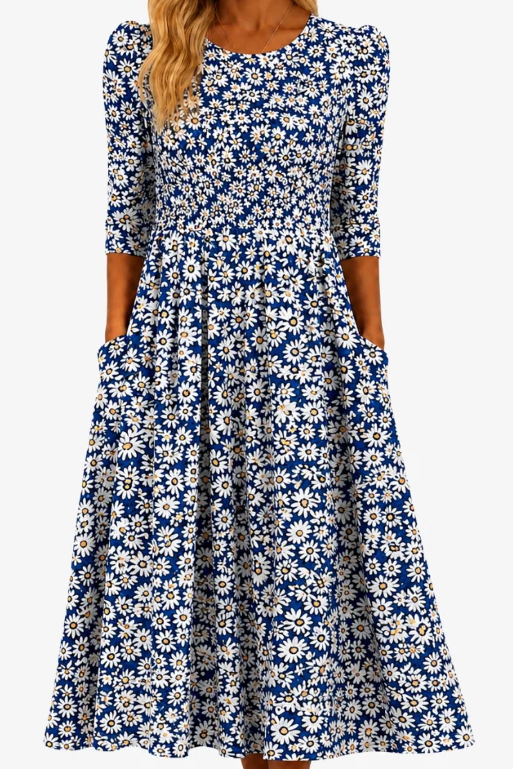 Women's Blue Floral Round Neck 3/4 Sleeves Maxi Dress