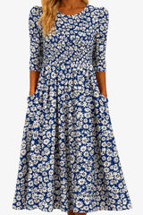 Women's Blue Floral Round Neck 3/4 Sleeves Maxi Dress