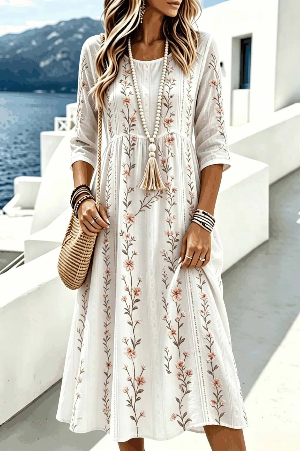 Women's White Floral Round Neck 3/4 Sleeves Midi Dress