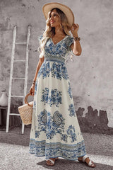 Blue and White Floral V Neck Flounce Sleeve Maxi Dress
