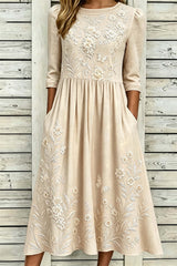 Women's Beige Floral Round Neck Three Quarter Sleeve Midi Dress